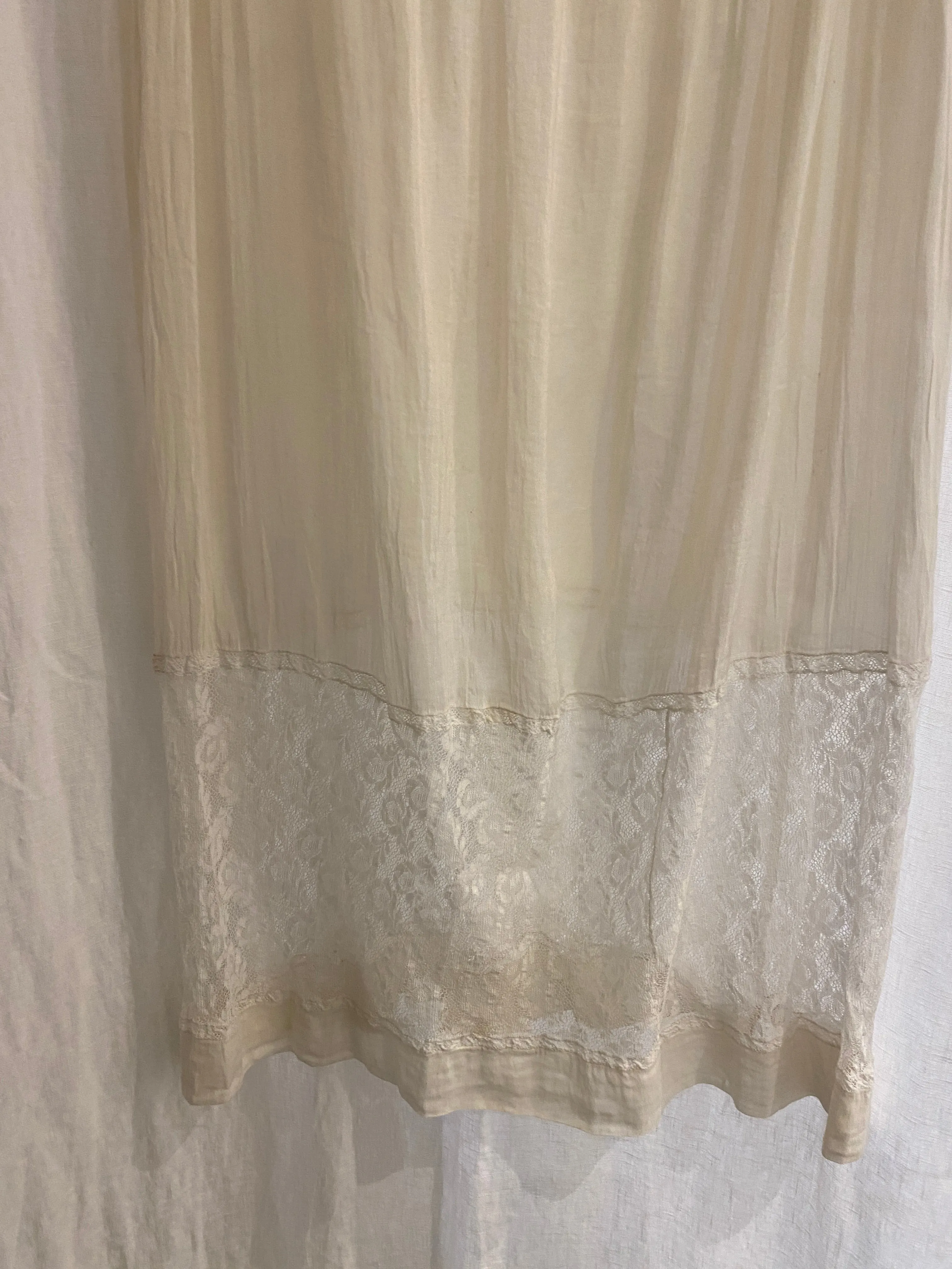 1920s Sheer Cream Silk and Lace Dress with Button Closure.