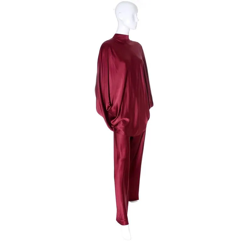 1970s George Stavropoulos Burgundy Draped Silk Vintage Evening Outfit