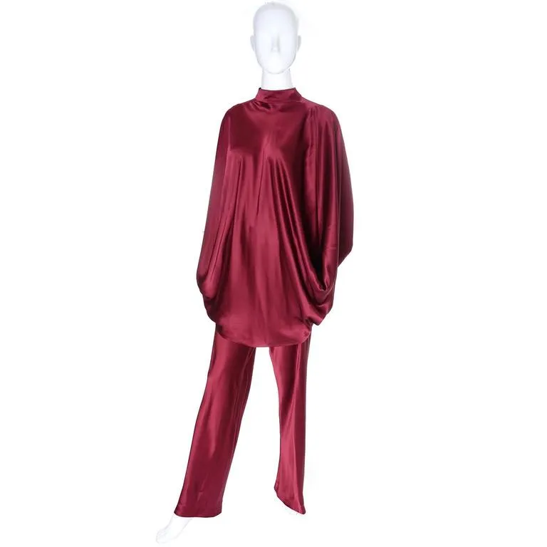 1970s George Stavropoulos Burgundy Draped Silk Vintage Evening Outfit