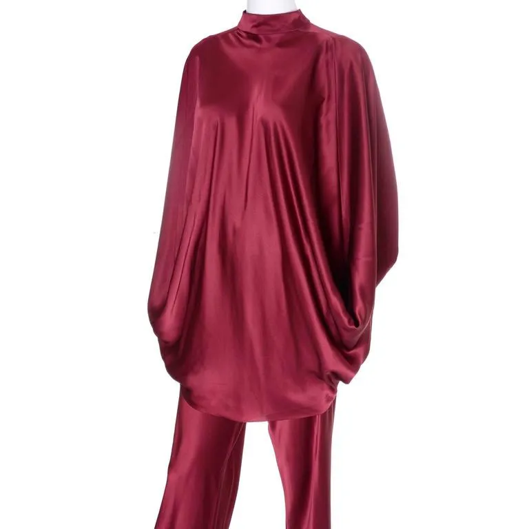 1970s George Stavropoulos Burgundy Draped Silk Vintage Evening Outfit