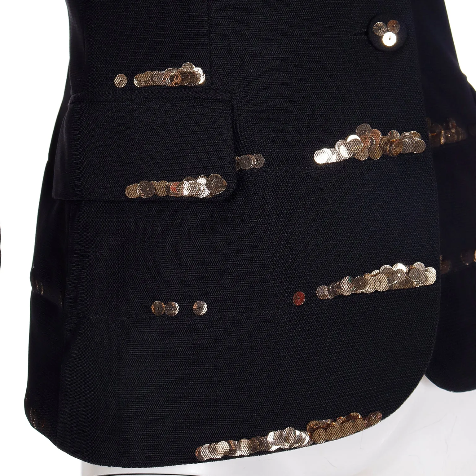 1990s Moschino Black Jacket w Fine Mesh Overlay & Gold Sequins