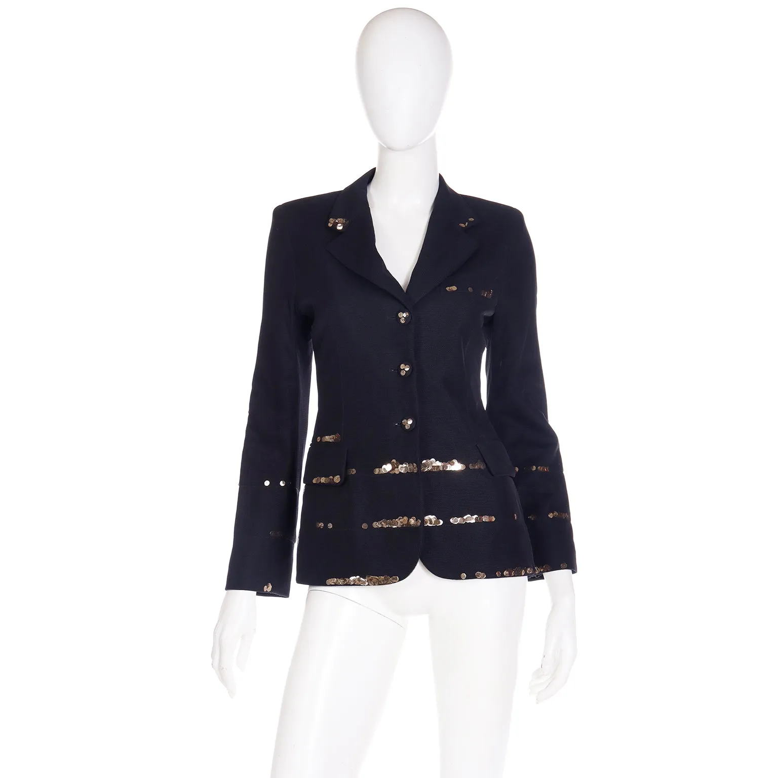 1990s Moschino Black Jacket w Fine Mesh Overlay & Gold Sequins