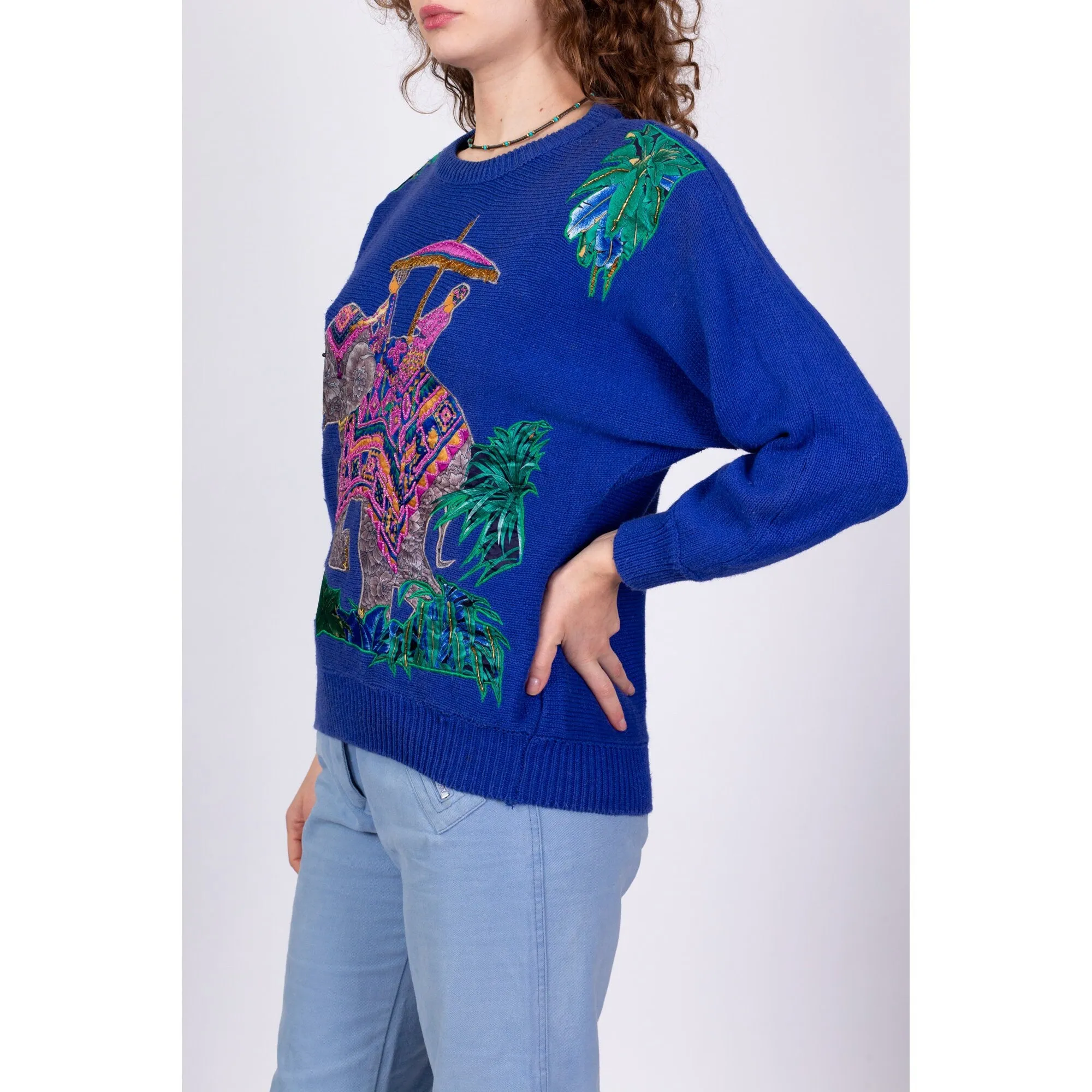 80s Royal Blue Elephant Knit Sweater - Medium