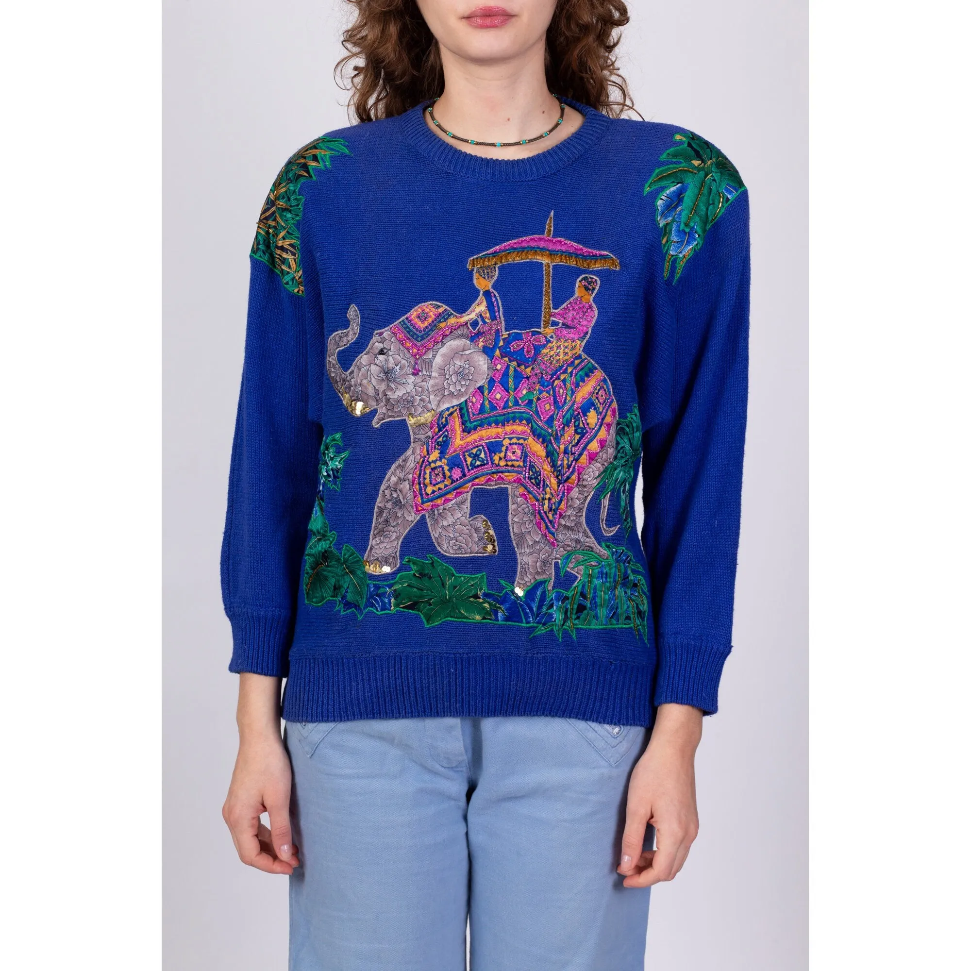 80s Royal Blue Elephant Knit Sweater - Medium