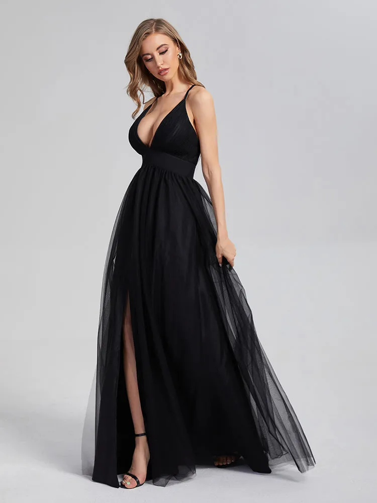 A-Line V-neck Tulle Prom Dresses With Split