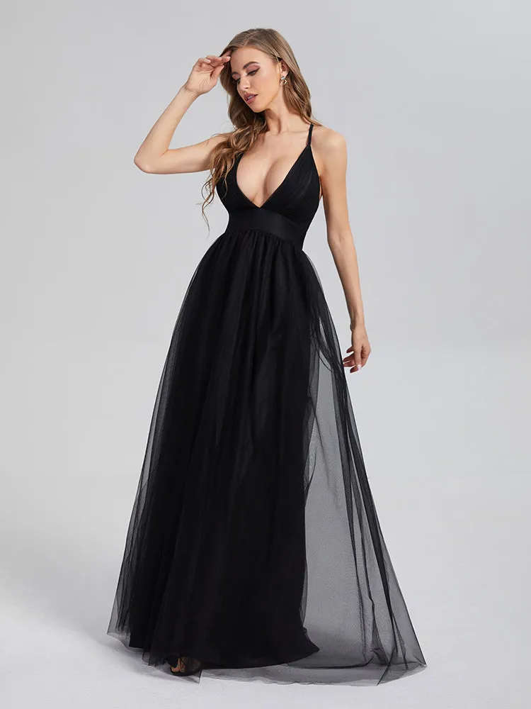 A-Line V-neck Tulle Prom Dresses With Split