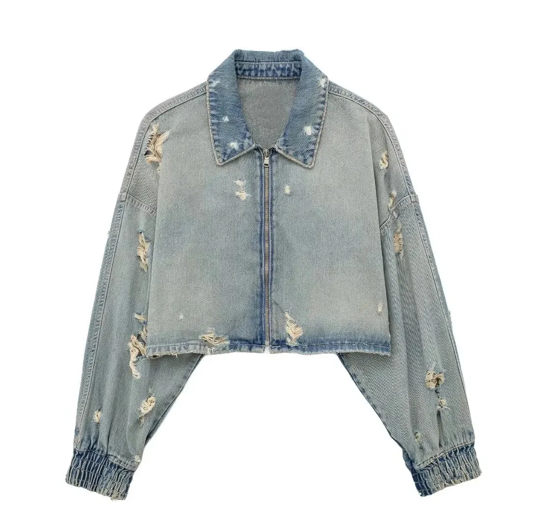 A&A Angelina Denim Tear Cropped Jacket