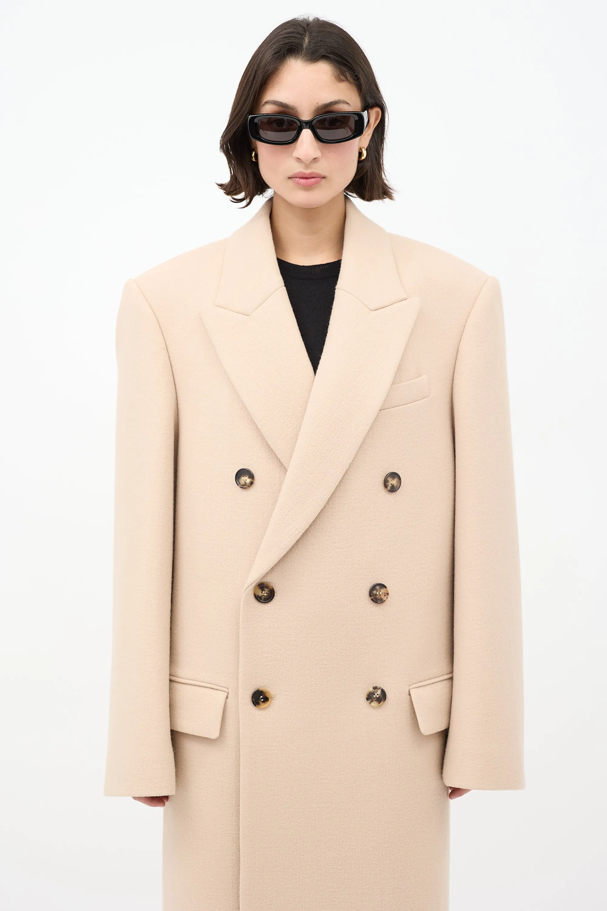 Beige Wool Double Breasted Long Coat