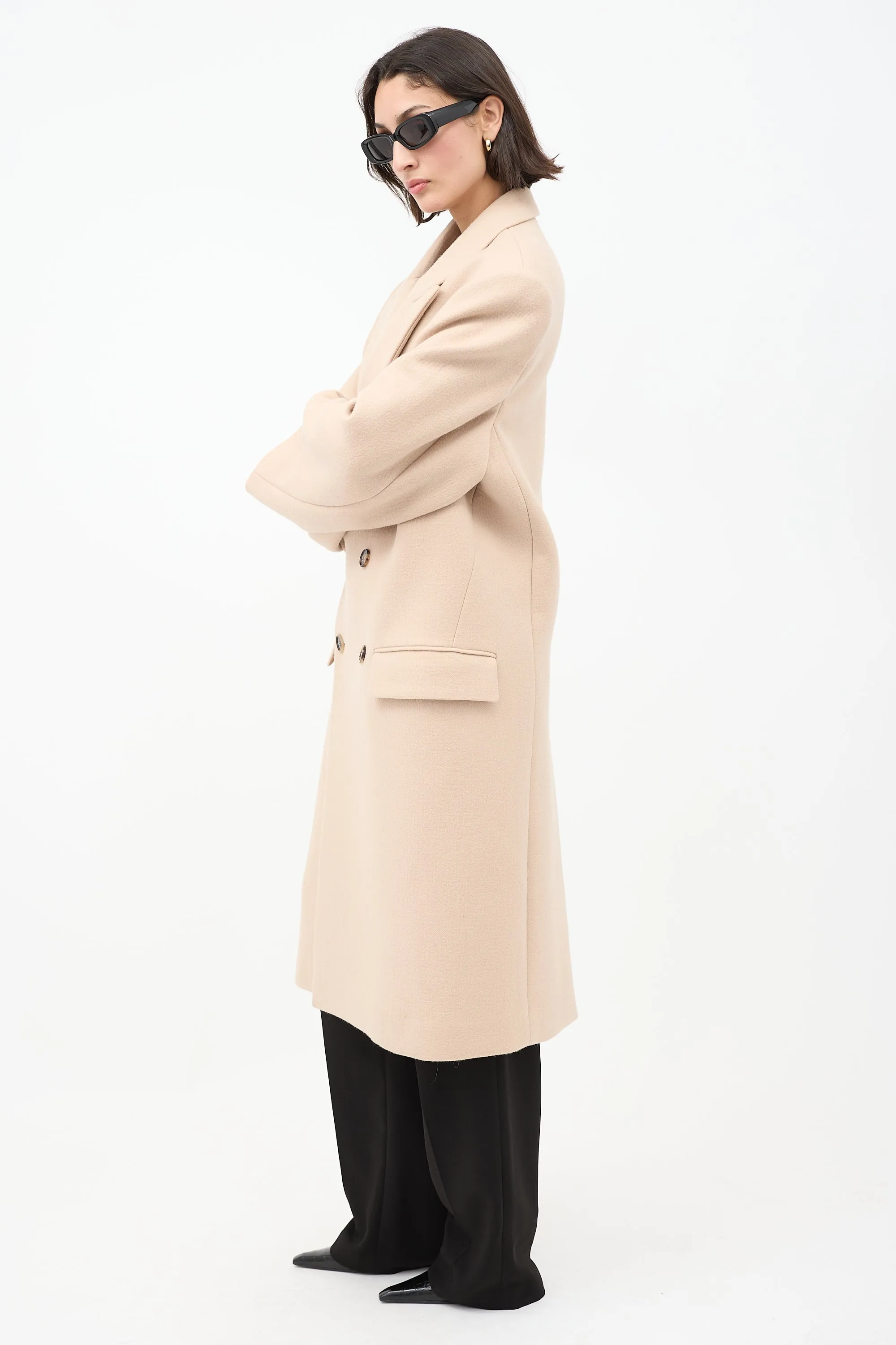 Beige Wool Double Breasted Long Coat