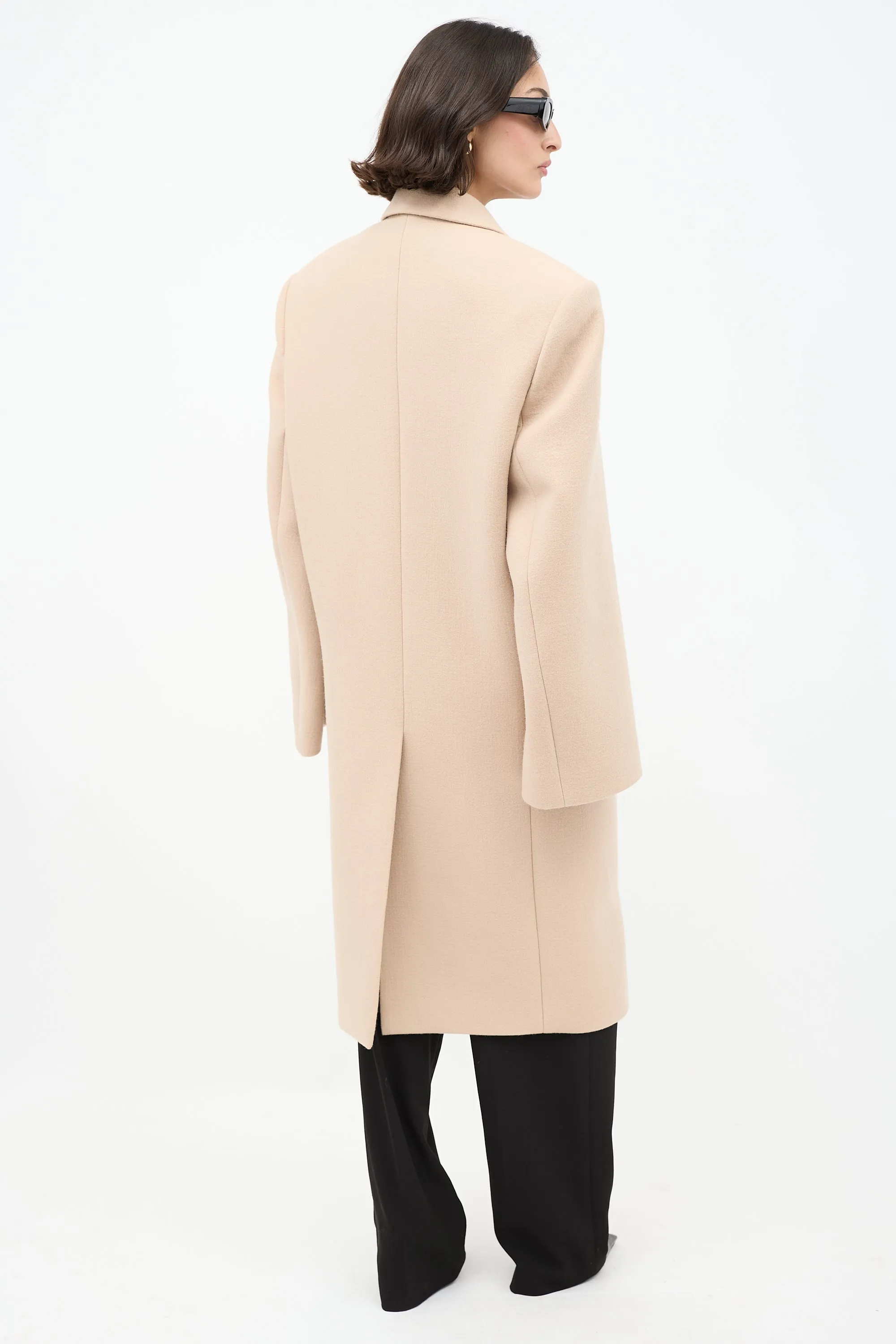 Beige Wool Double Breasted Long Coat