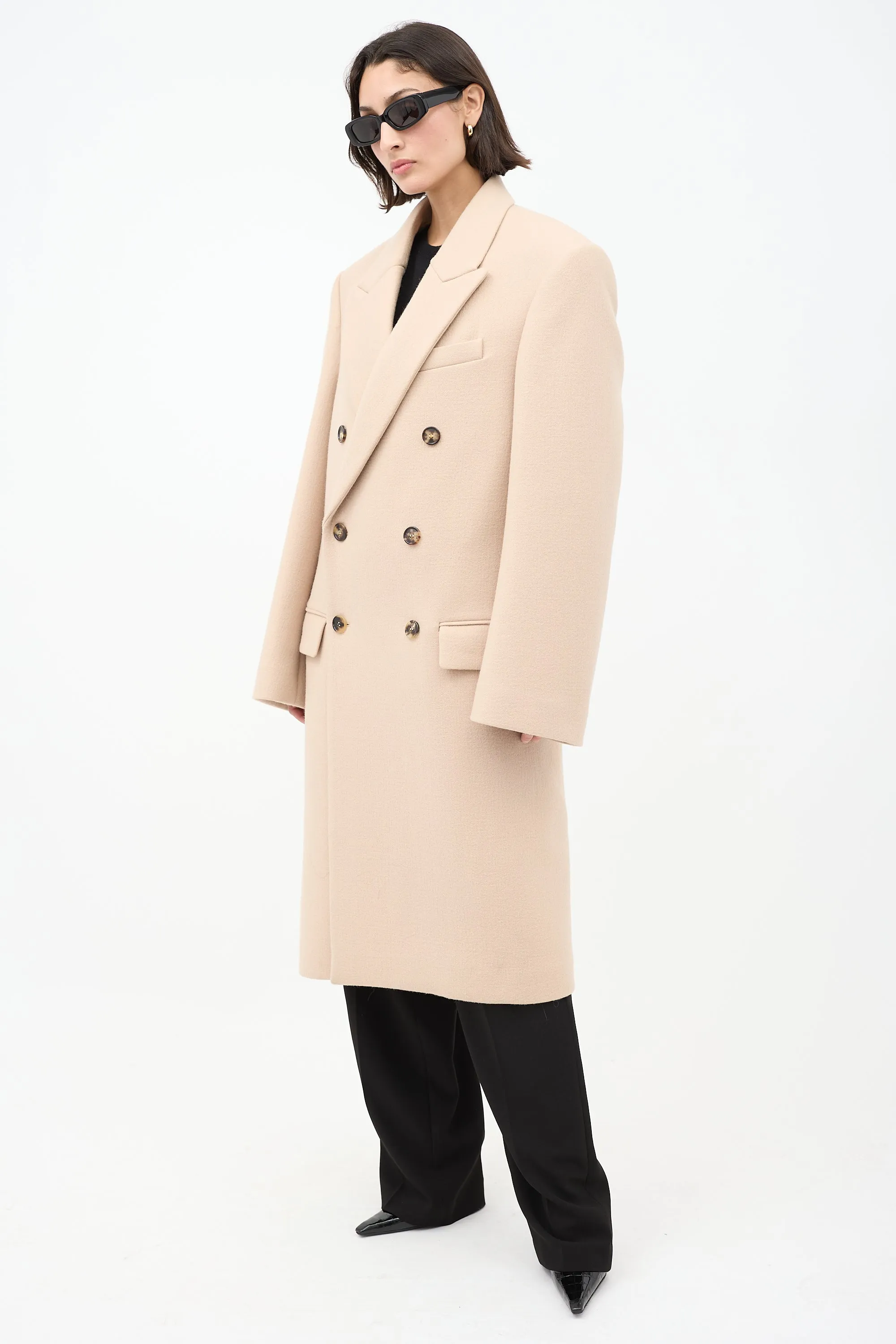 Beige Wool Double Breasted Long Coat