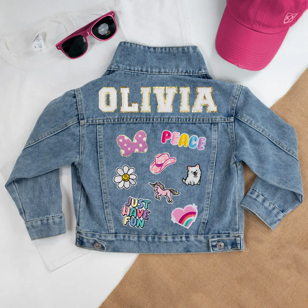 (Blue Denim) Custom Letter Patch Kids Denim Jacket