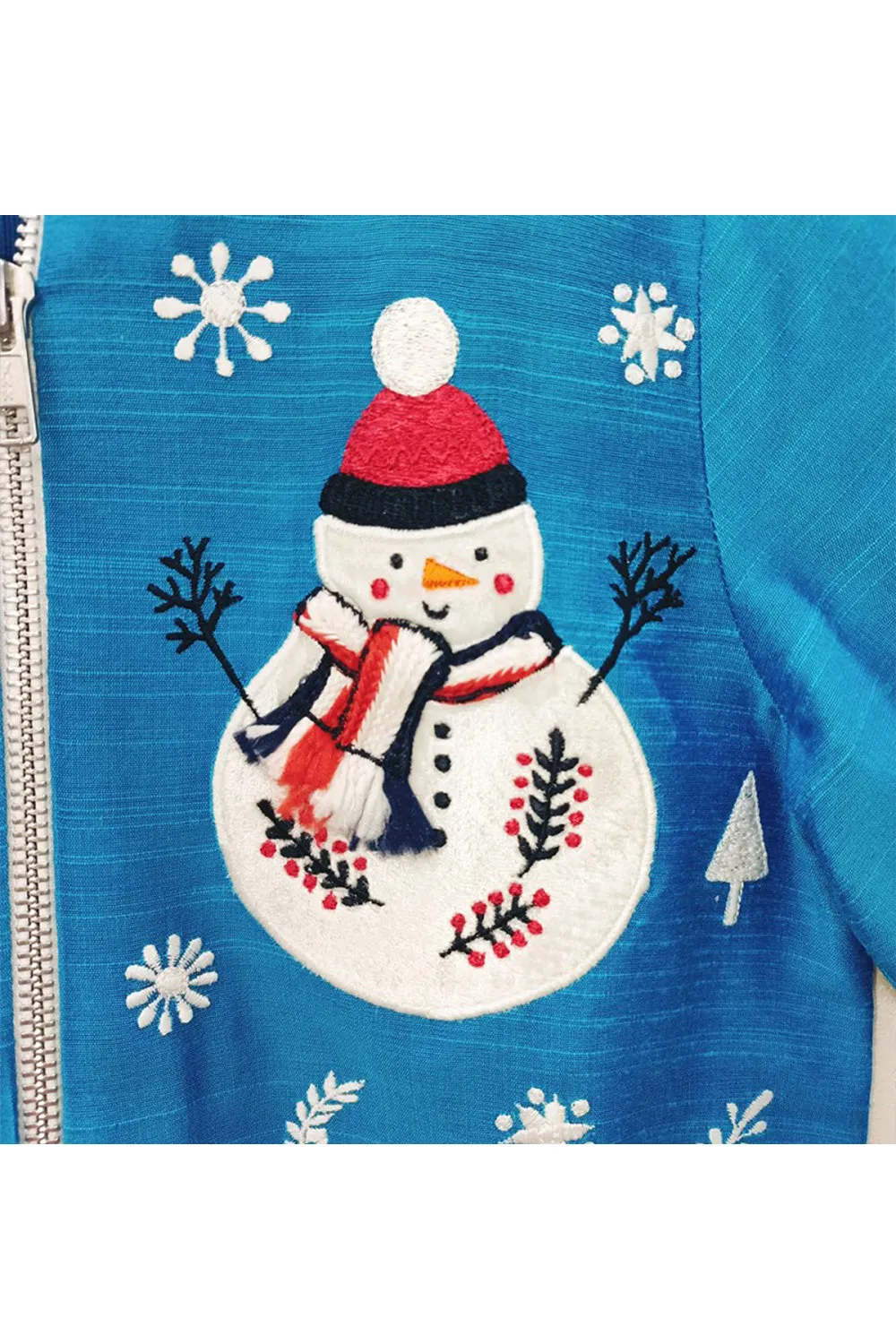 Blue snowman embroidered bomber jacket