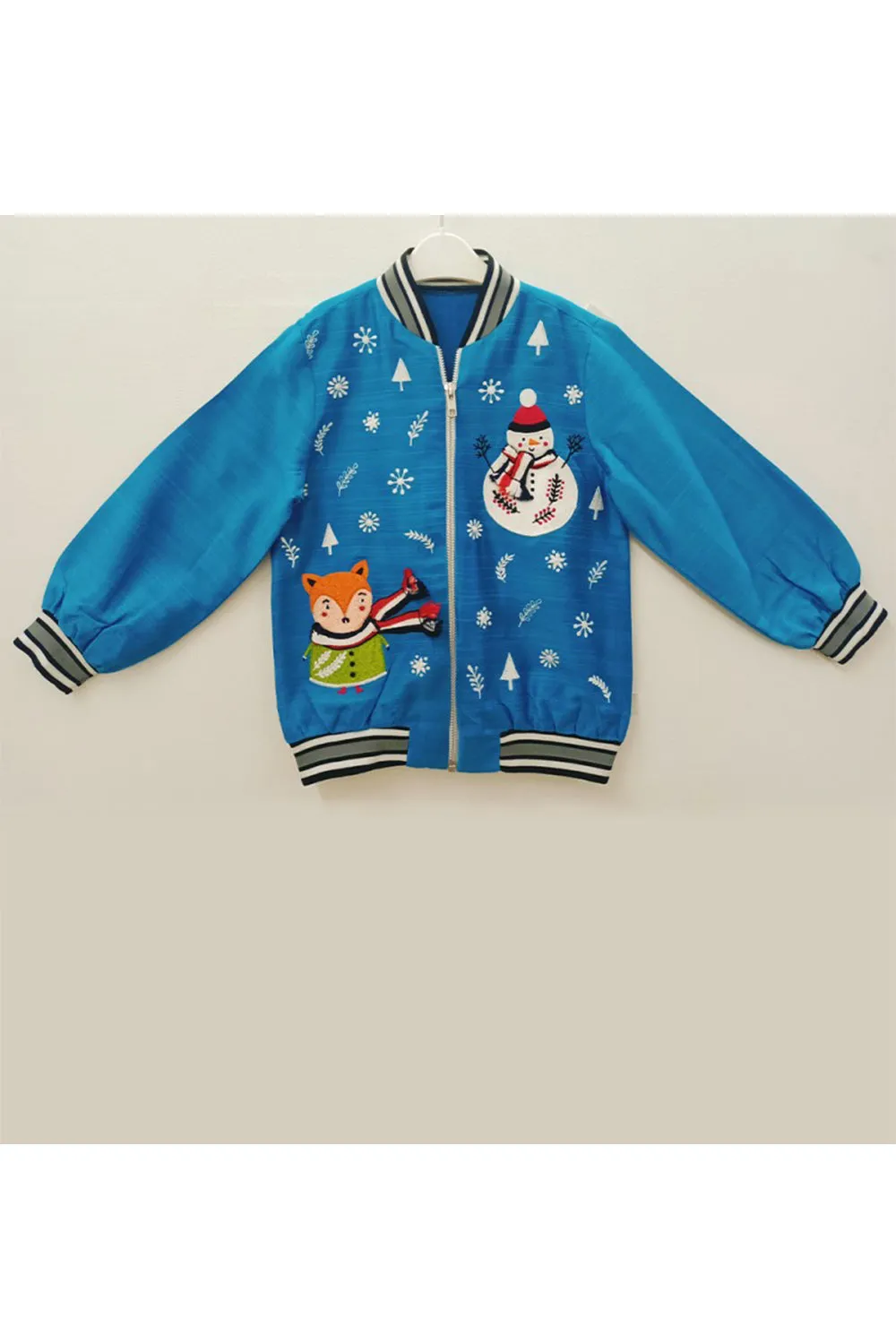 Blue snowman embroidered bomber jacket