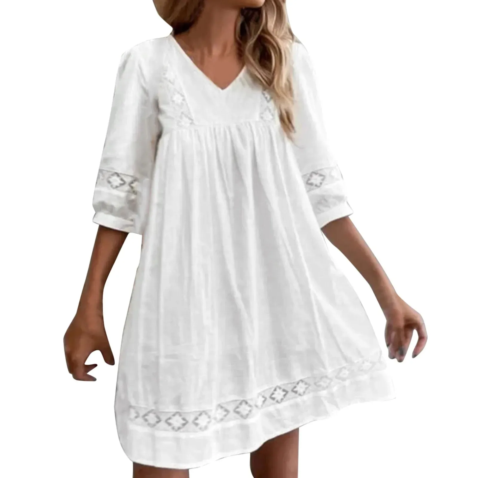 Boho Casual Lace V Neck Short Sleeve Beach Swing Fashion Slim Summer Dress