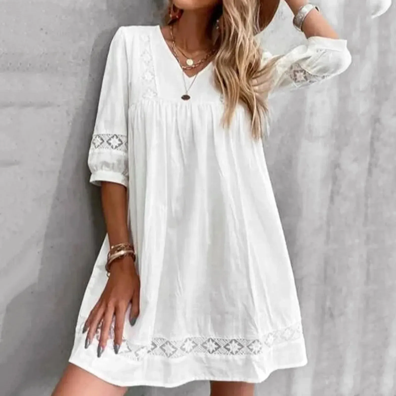 Boho Casual Lace V Neck Short Sleeve Beach Swing Fashion Slim Summer Dress