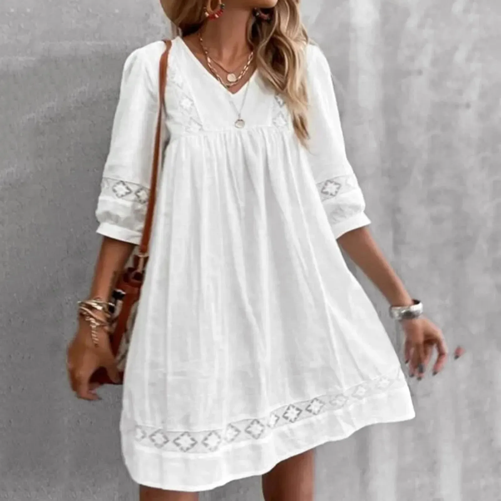 Boho Casual Lace V Neck Short Sleeve Beach Swing Fashion Slim Summer Dress