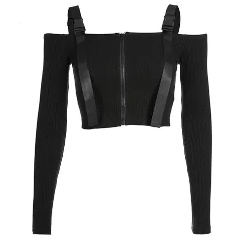 Buckle Sexy Elegant Slash Neck Korean Crop Top Long Sleeve