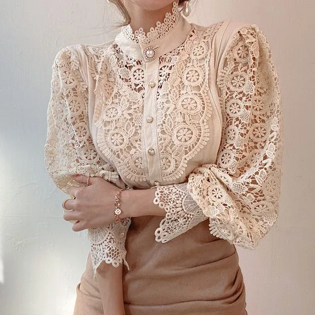 Classic Fashion Hollow Through Eyelet Lace Ruffle Blouse Lolita Undershirt Plus Size