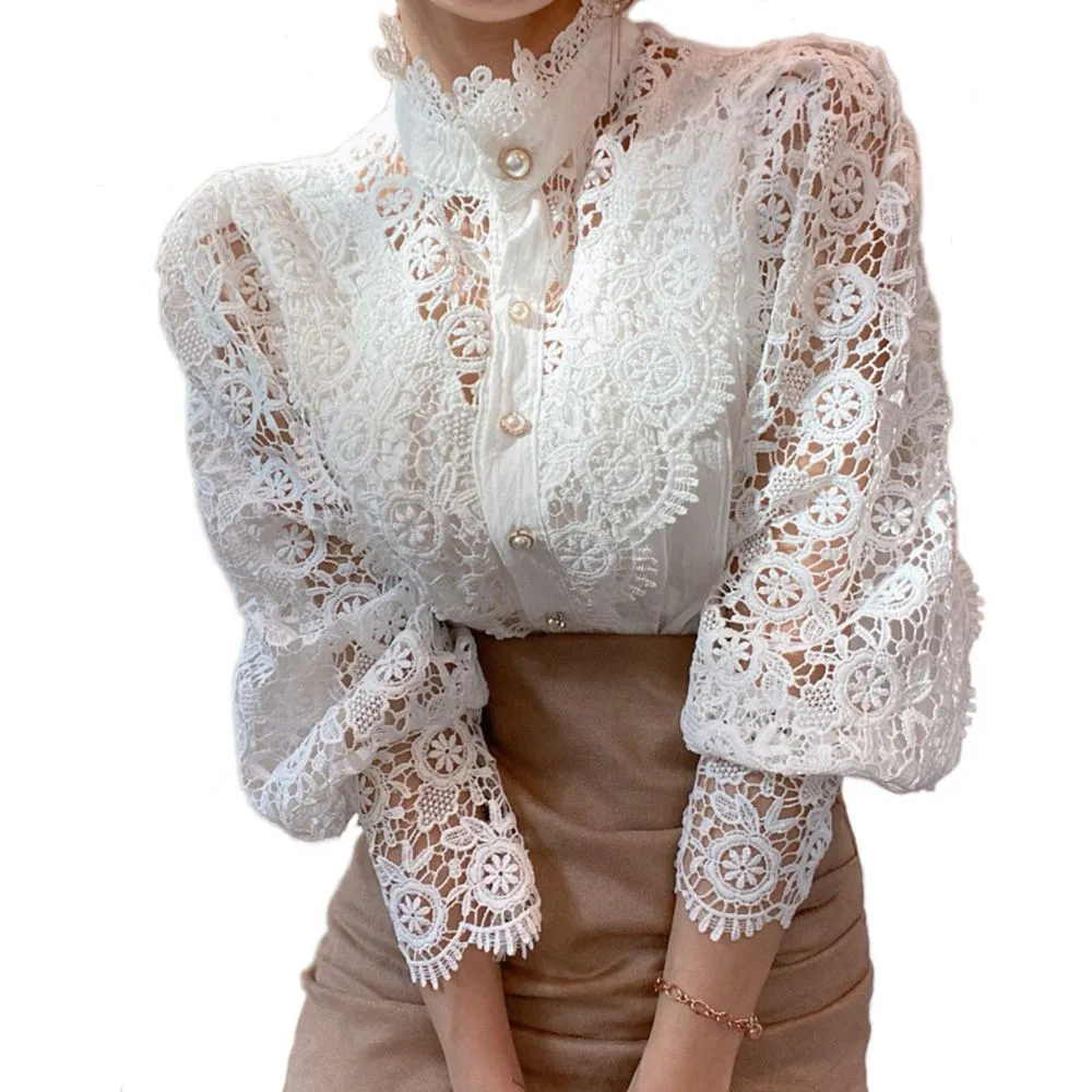 Classic Fashion Hollow Through Eyelet Lace Ruffle Blouse Lolita Undershirt Plus Size