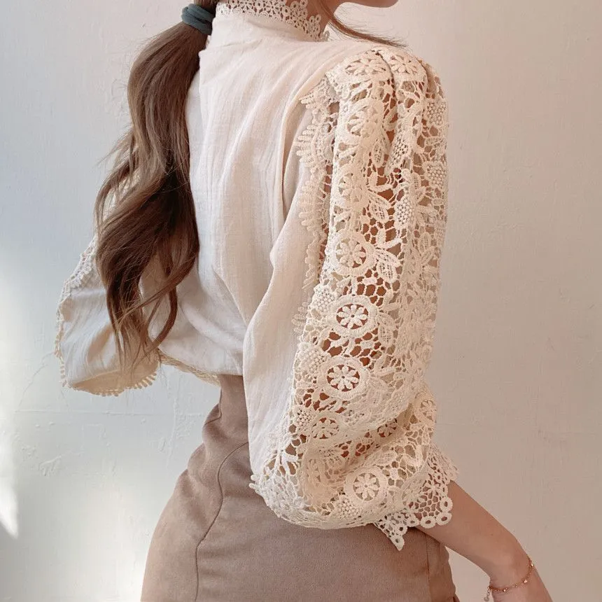 Classic Fashion Hollow Through Eyelet Lace Ruffle Blouse Lolita Undershirt Plus Size