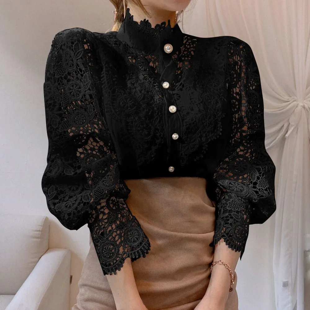 Classic Fashion Hollow Through Eyelet Lace Ruffle Blouse Lolita Undershirt Plus Size