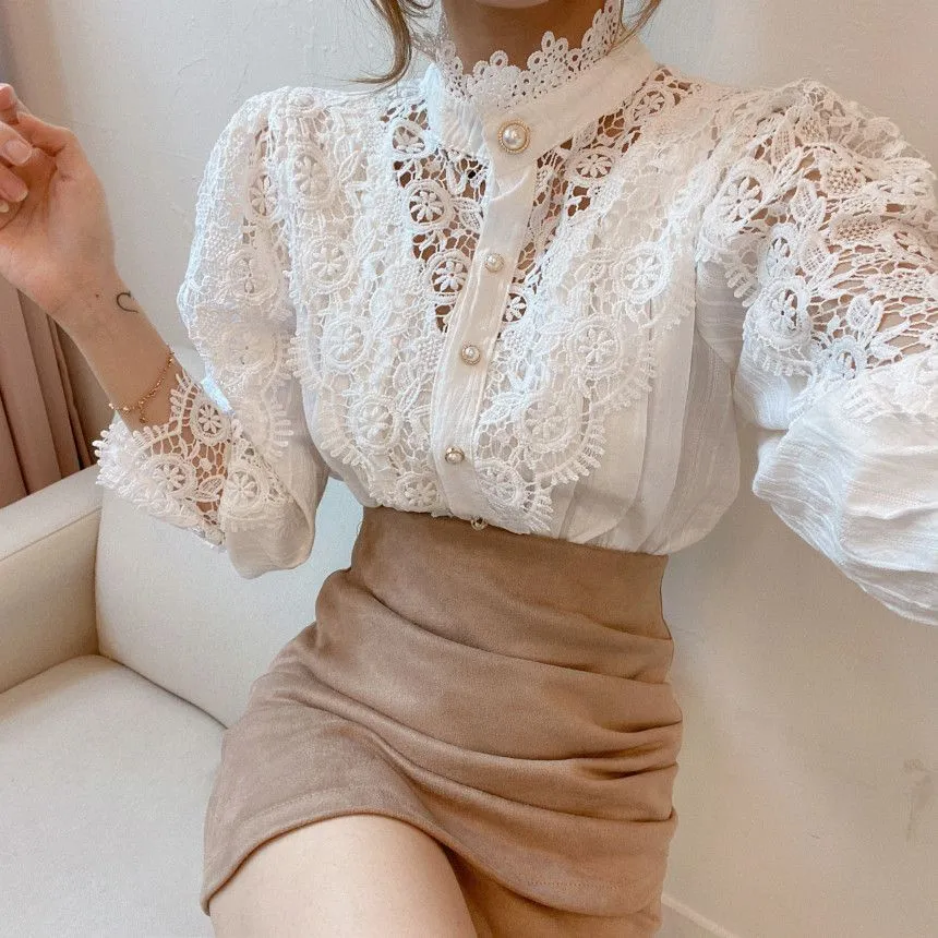 Classic Fashion Hollow Through Eyelet Lace Ruffle Blouse Lolita Undershirt Plus Size