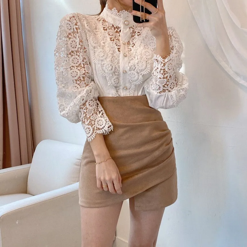 Classic Fashion Hollow Through Eyelet Lace Ruffle Blouse Lolita Undershirt Plus Size