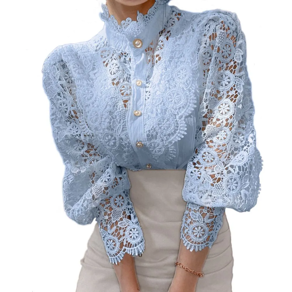 Classic Fashion Hollow Through Eyelet Lace Ruffle Blouse Lolita Undershirt Plus Size