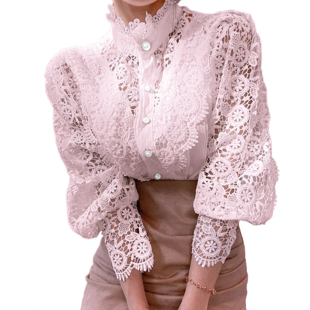 Classic Fashion Hollow Through Eyelet Lace Ruffle Blouse Lolita Undershirt Plus Size