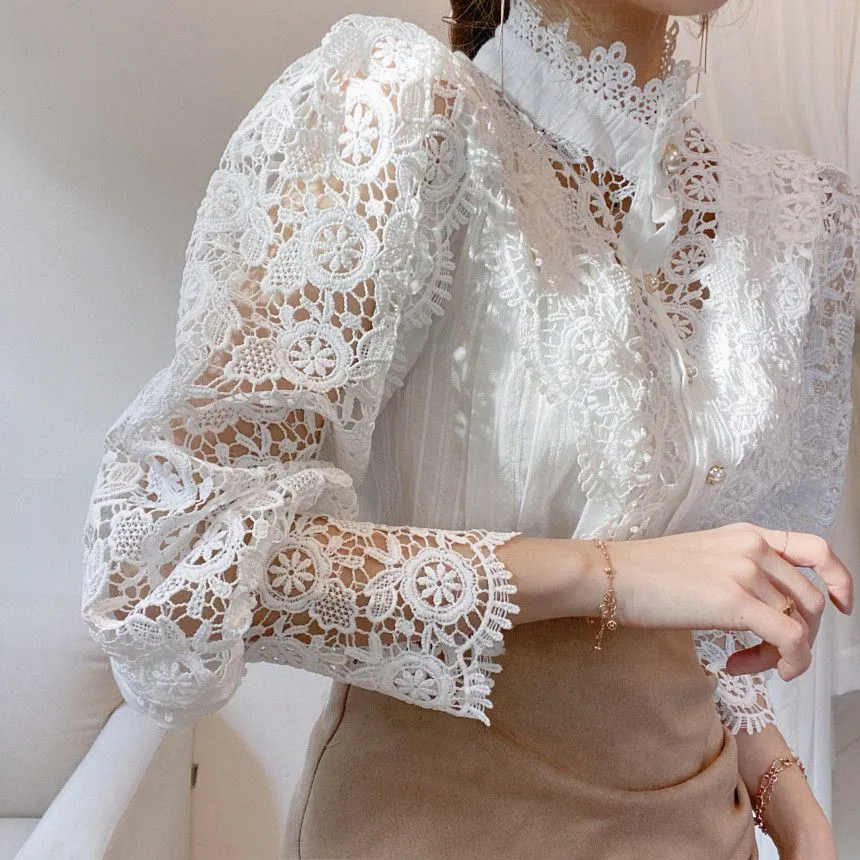 Classic Fashion Hollow Through Eyelet Lace Ruffle Blouse Lolita Undershirt Plus Size