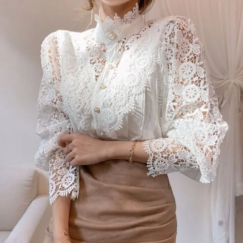 Classic Fashion Hollow Through Eyelet Lace Ruffle Blouse Lolita Undershirt Plus Size