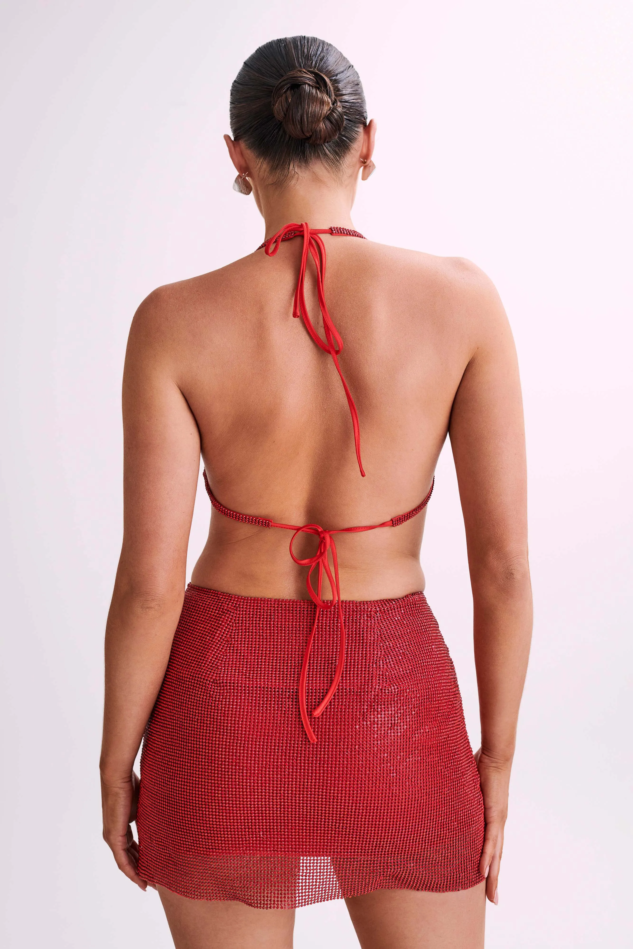 Daphne Diamante Cowl Neck Halter Top - Red