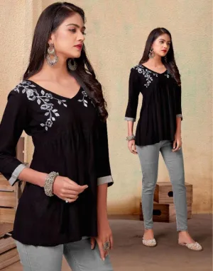 Designer Rayon Stylish Black Tunic Tops for Women