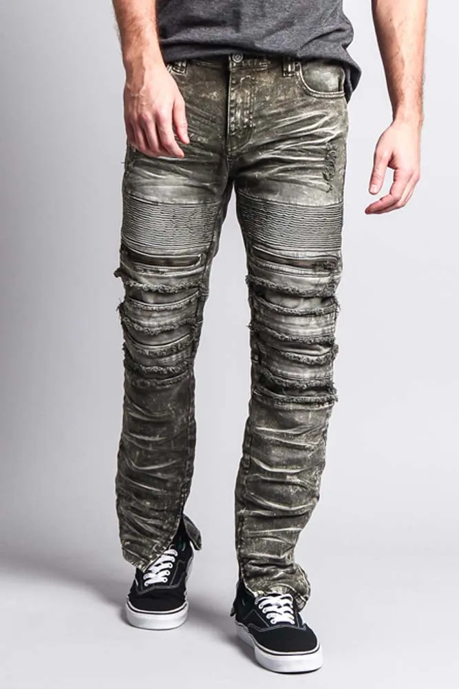 Distressed Acid Washed Biker Slim Jeans