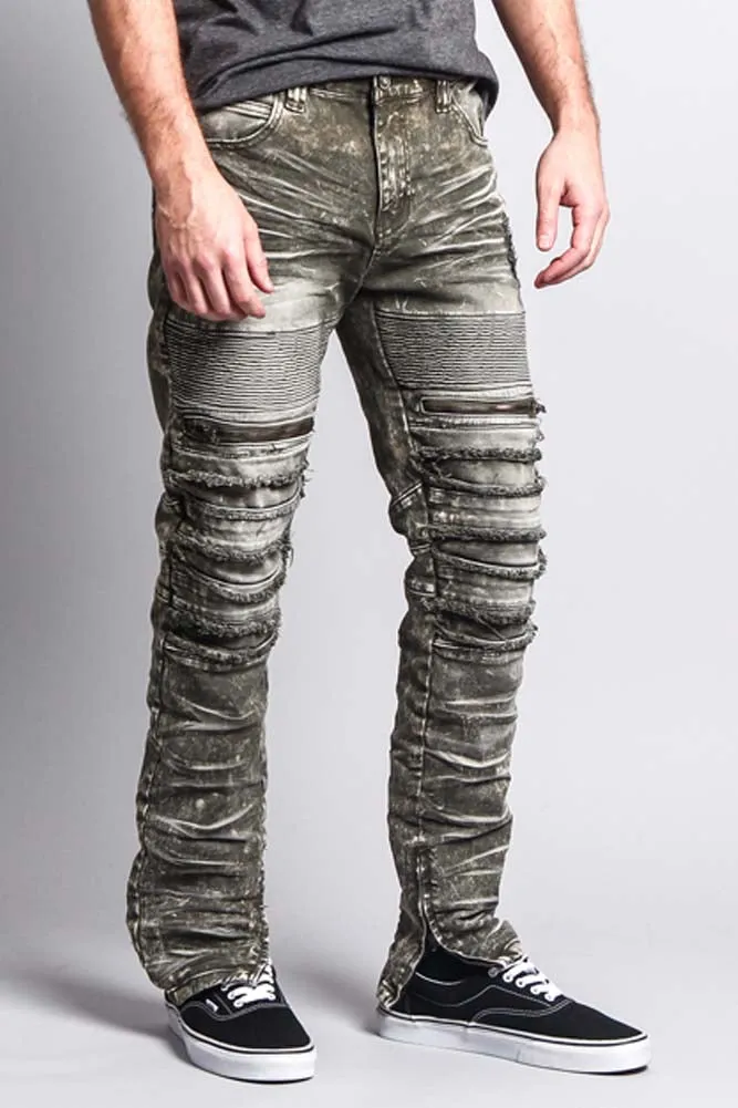 Distressed Acid Washed Biker Slim Jeans