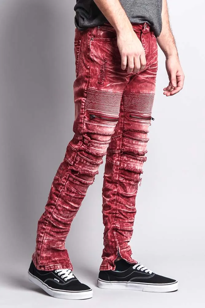 Distressed Acid Washed Biker Slim Jeans