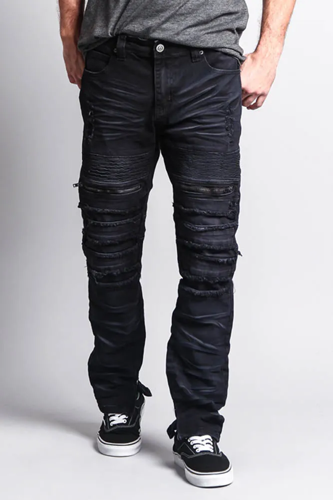 Distressed Acid Washed Biker Slim Jeans