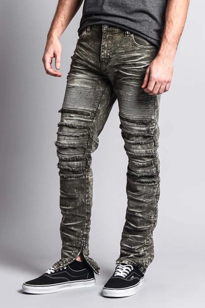 Distressed Acid Washed Biker Slim Jeans