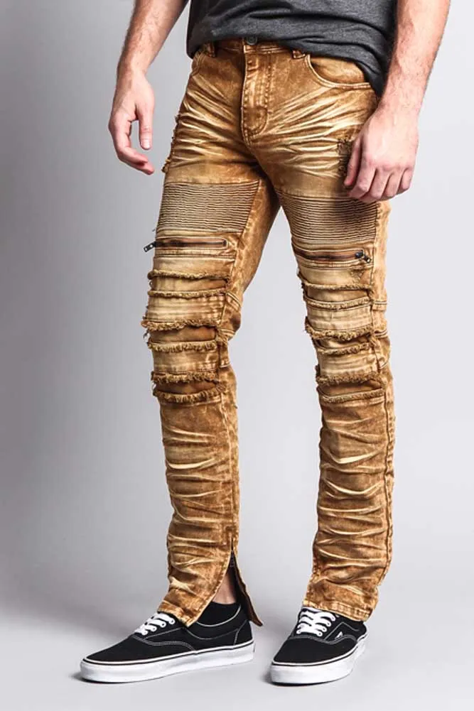 Distressed Acid Washed Biker Slim Jeans