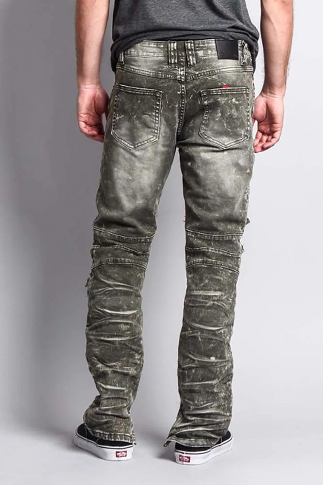 Distressed Acid Washed Biker Slim Jeans