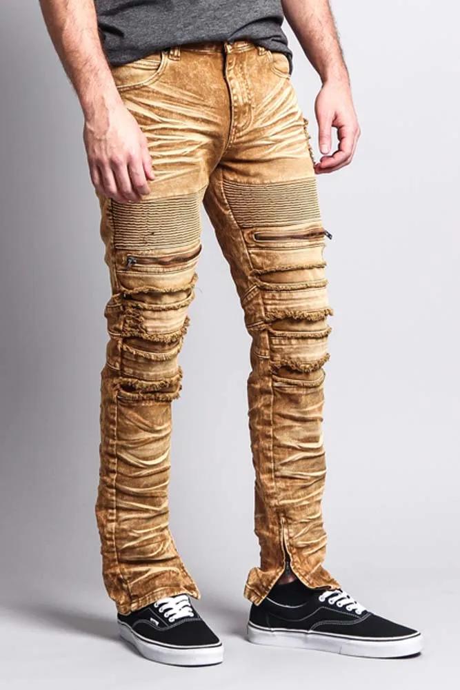 Distressed Acid Washed Biker Slim Jeans