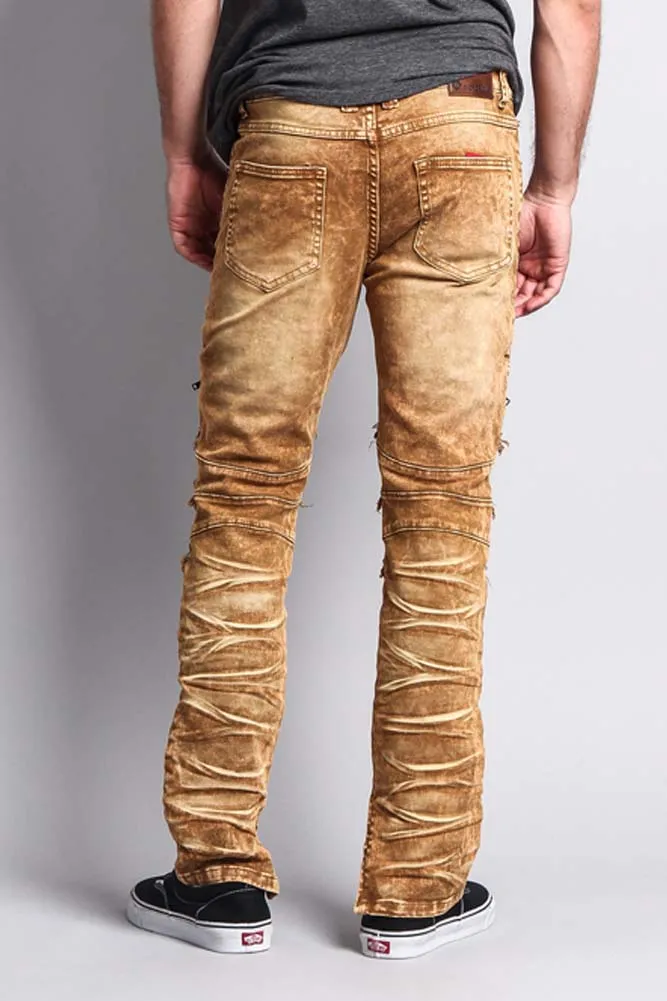 Distressed Acid Washed Biker Slim Jeans