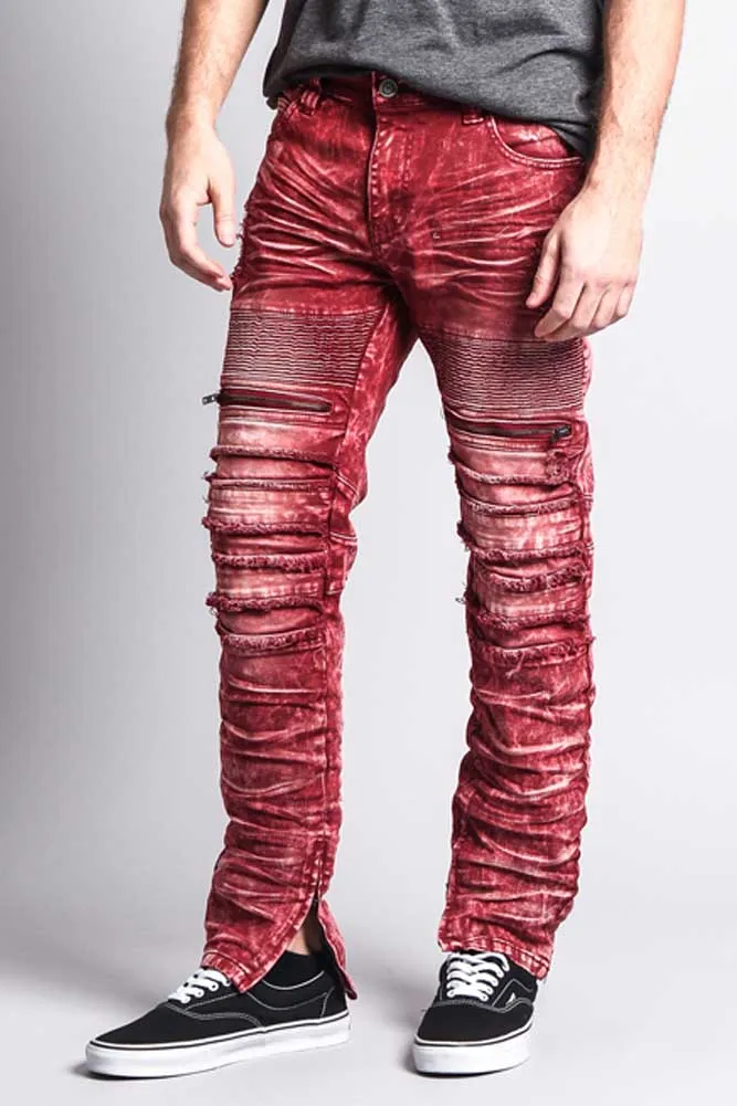 Distressed Acid Washed Biker Slim Jeans