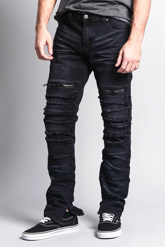 Distressed Acid Washed Biker Slim Jeans