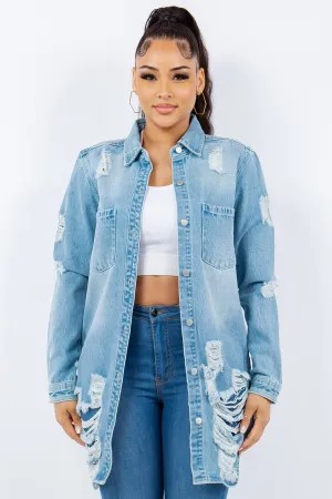 Distressed Button Up Long Sleeve Denim Jacket