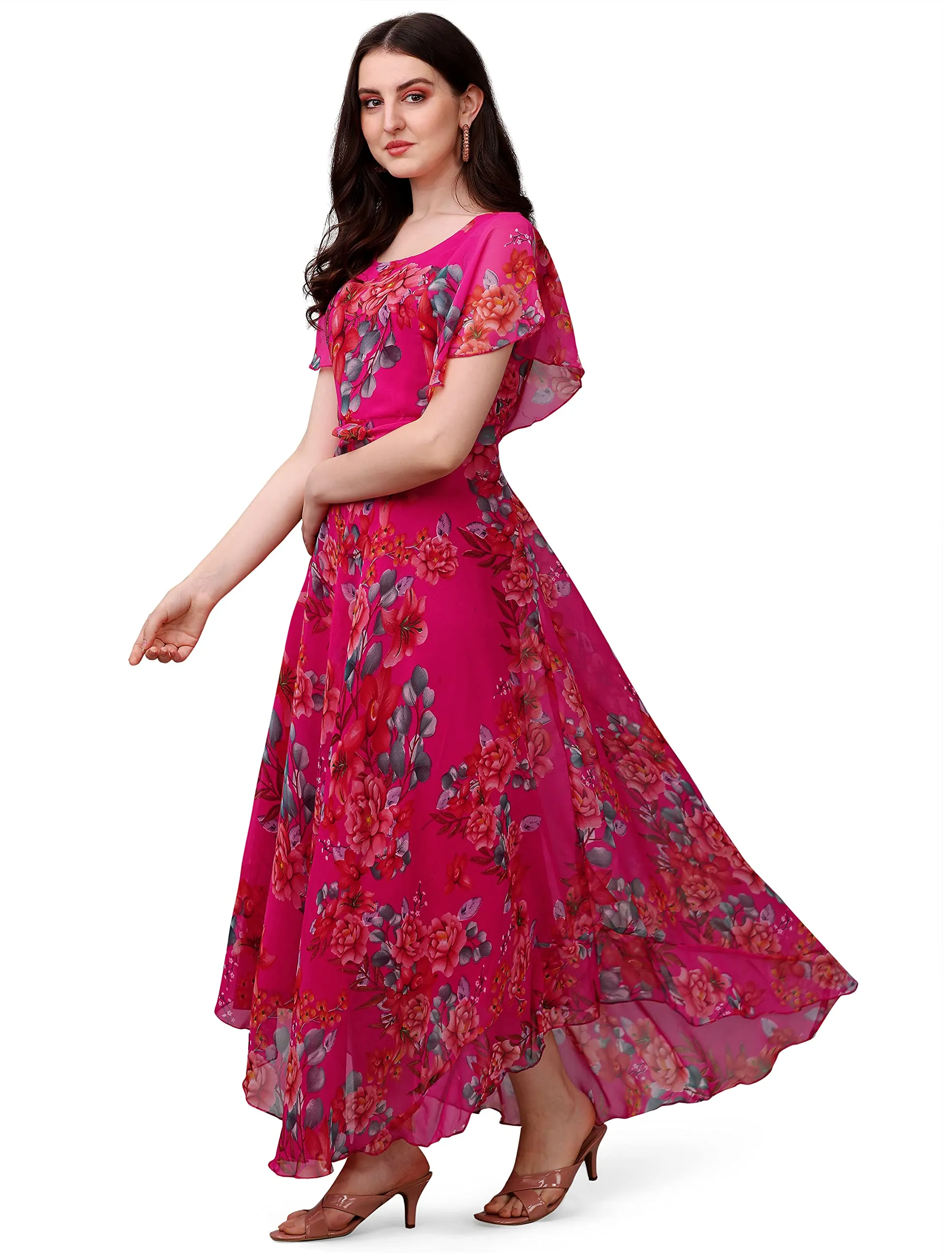 Fashion2wear Women's Georgette Digital Floral Printed Full-Length Fit & Flare Long Gown Dress | Short Sleeve | Dress for Women (XX-Large | Pink | Flower | Pink_Flower_XXL)