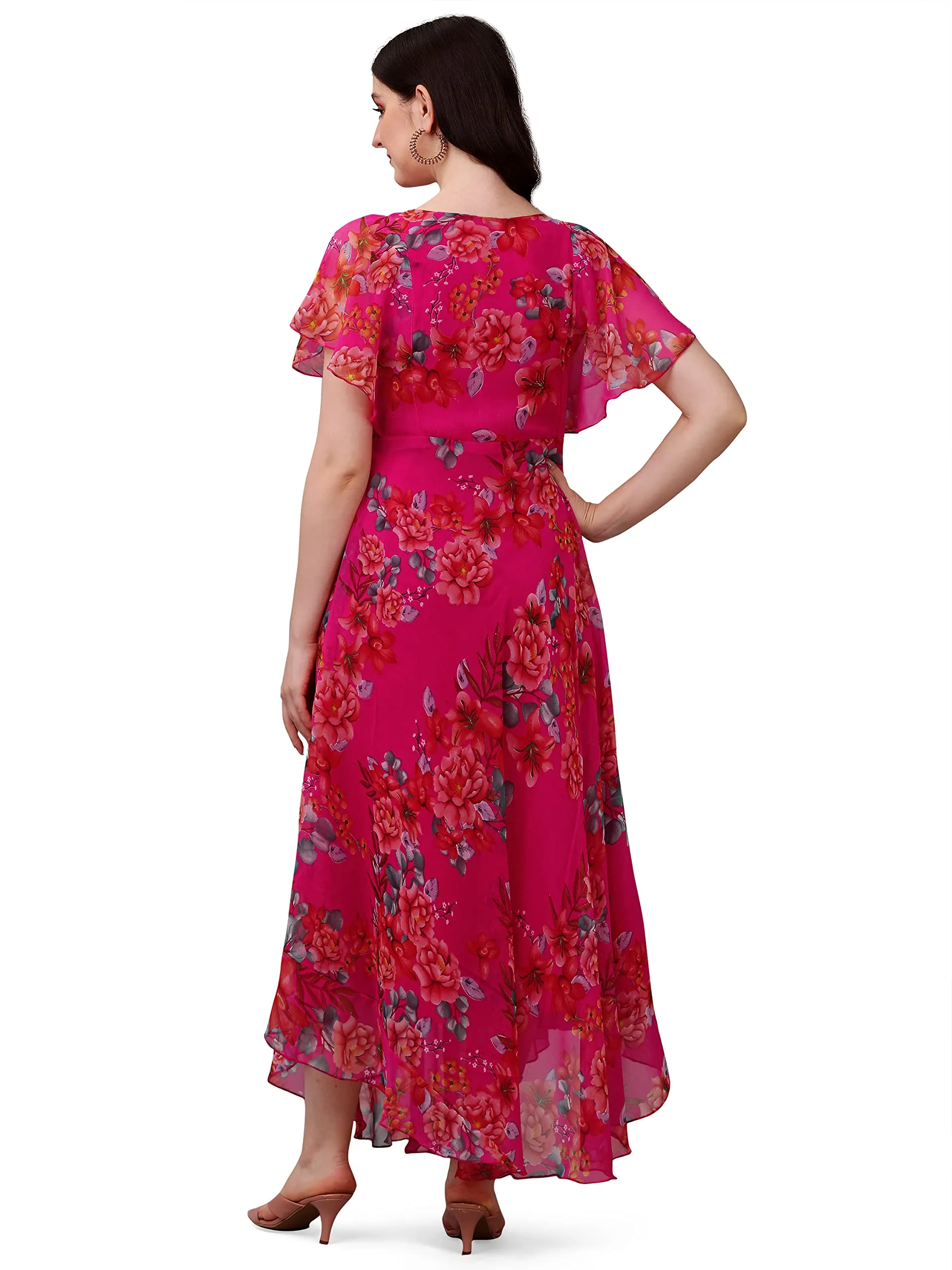 Fashion2wear Women's Georgette Digital Floral Printed Full-Length Fit & Flare Long Gown Dress | Short Sleeve | Dress for Women (XX-Large | Pink | Flower | Pink_Flower_XXL)