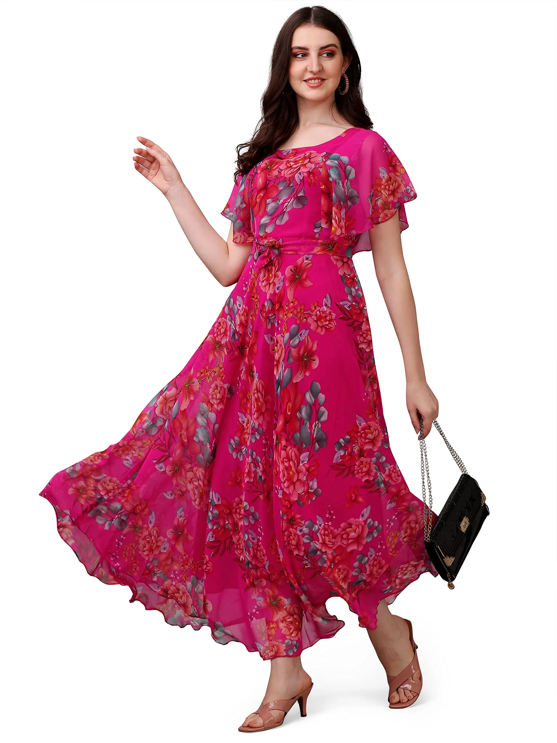 Fashion2wear Women's Georgette Digital Floral Printed Full-Length Fit & Flare Long Gown Dress | Short Sleeve | Dress for Women (XX-Large | Pink | Flower | Pink_Flower_XXL)