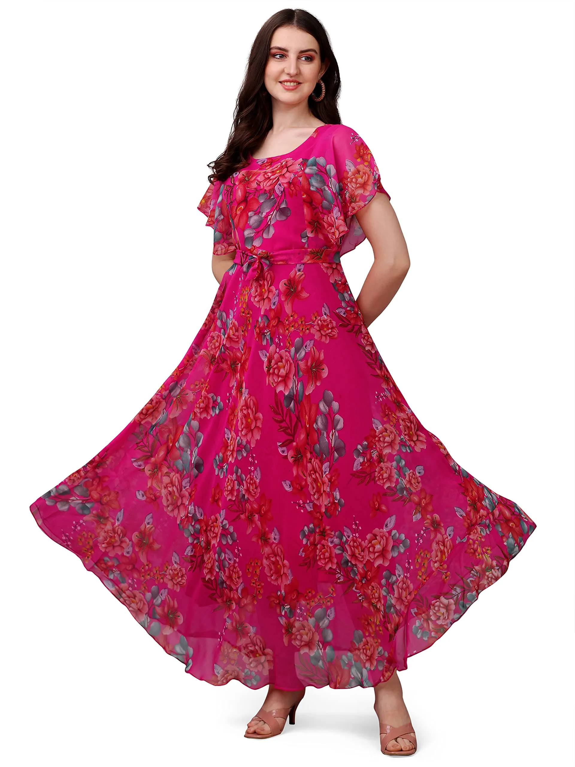 Fashion2wear Women's Georgette Digital Floral Printed Full-Length Fit & Flare Long Gown Dress | Short Sleeve | Dress for Women (XX-Large | Pink | Flower | Pink_Flower_XXL)